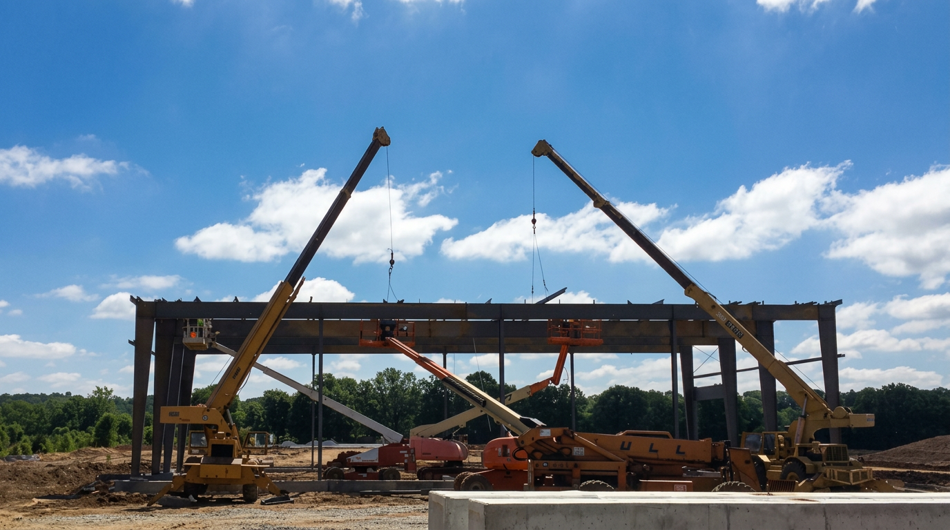 Two cranes setting structural steel beams on a new commercial building frame