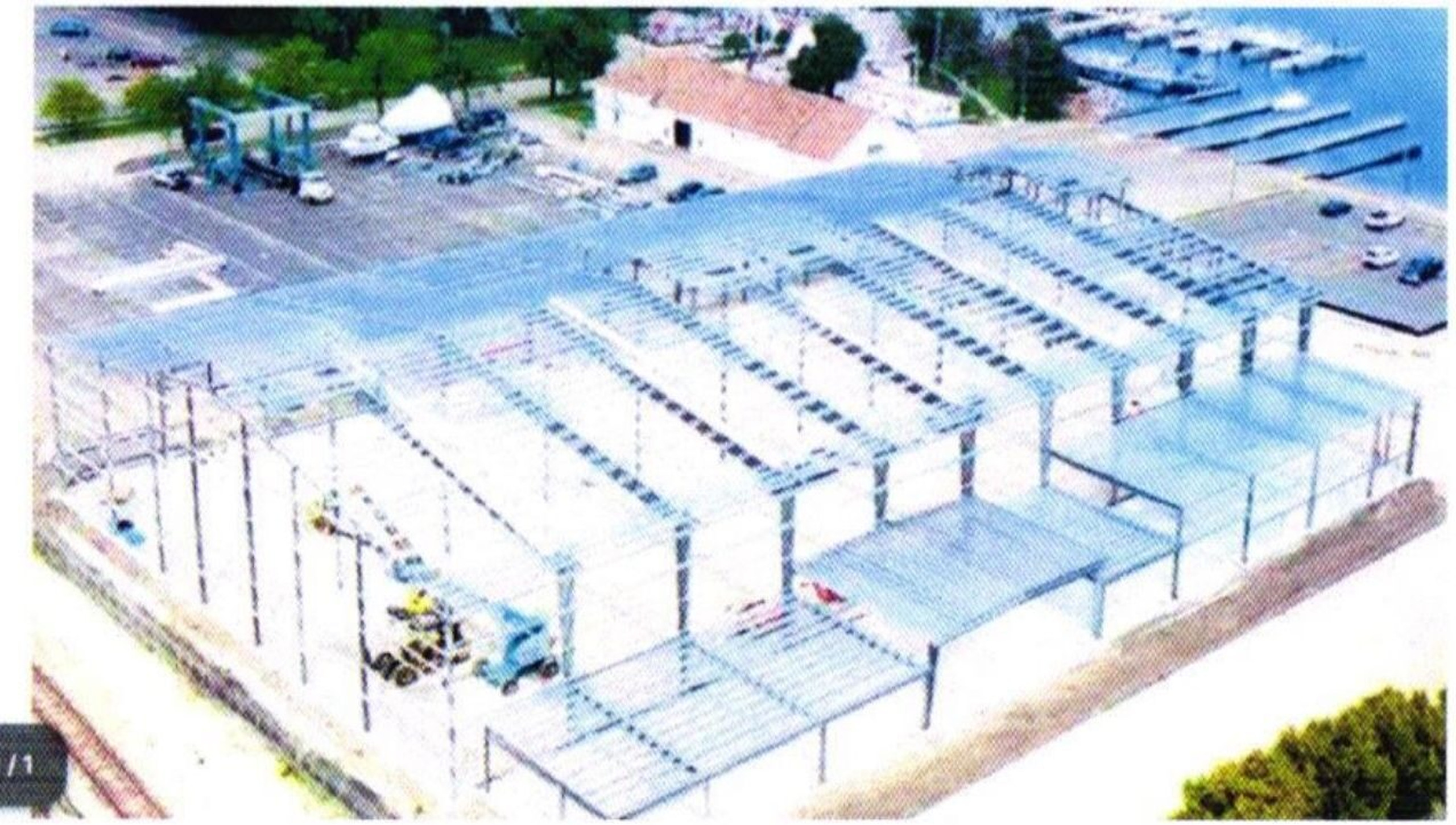 Aerial view of a metal structure under construction