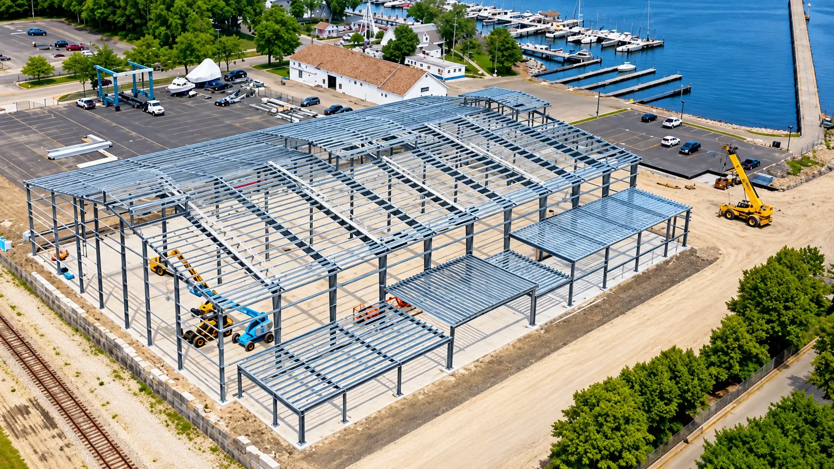 Aerial view of a multi-bay steel building frame under construction beside a marina, with boom lifts and a mobile crane on site